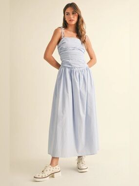 Smocked Striped Sky Blue Cotton Maxi Dress with Tie Shoulders